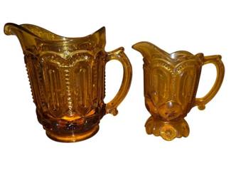 2 Vintage LG Wright Moon and Star Pitcher in Amber Glass