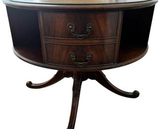 Vintage Mahogany Wood Rotating Drum Table with Tooled Leather Top and Faux Drawers