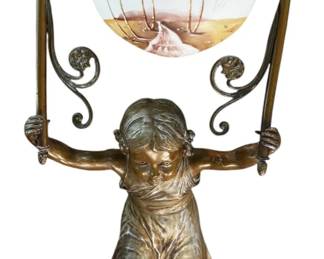 Vintage Antique Art Nouveau Figural Girl Skipping Rope Bronze Lamp with Painted Decorative Glass Shade Unmarked