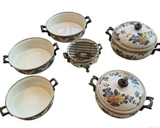 Beautiful German Asta Floral Enamelware Cookware Set with Brass Handles