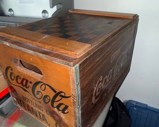 Vintage 1993 Coca-Cola Wooden Crate with Integrated Checkerboard Top and Game Pieces