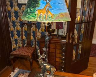 Vintage Bronze Deer Table Lamp with Hand-Painted Shade