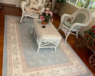 Wicker Rattan Sunroom Furniture Set with Floral Accent Rug