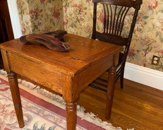 Antique Oak Sewing Table with Spindle Chair