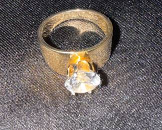 Gold Tone Wide Band Ring with Clear Cubic Zirconia