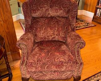 Paisley Wingback Armchair with Studded Trim and Carved Paw Feet