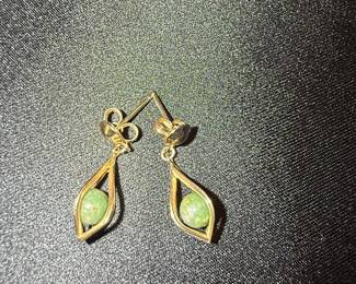 Gold Tone Teardrop Earrings with Green Jade Beads