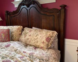 Dark Wood Sleigh Bed Headboard with Carved Accents