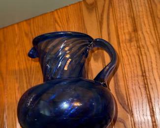 Cobalt Blue Swirl Hand-Blown Glass Pitcher