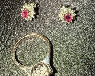 Ruby and Diamond Cluster Ring with Matching Stud Earrings