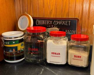 Starbucks "Coffee" Canister and "Flour", "Sugar", "Rice" Jars with "Country Market Bacon" Sign