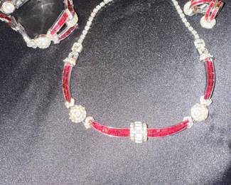 Signed Boucher Rhinestone and Ruby Red Art Deco Jewelry Set