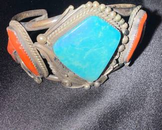 Native American Sterling Silver and Turquoise Cuff Bracelet with Coral Accents