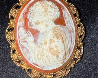Victorian Sardonyx Cameo Brooch with Ornate Gold-Plated Frame