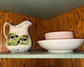 Farm Scene Pitcher and Bowls with Blue Spongeware Trim and Pink Rim