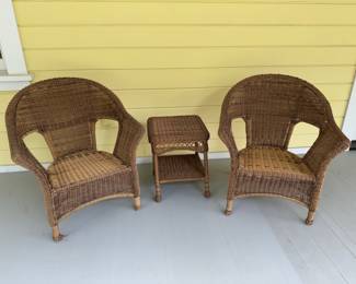 Wicker Patio Set: Two Chairs and Side Table