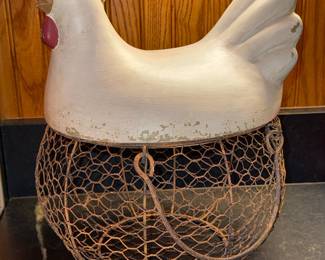 White Ceramic Chicken Lid Wire Egg Basket