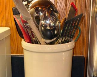 Vintage Stoneware Crock with Assorted Kitchen Utensils
