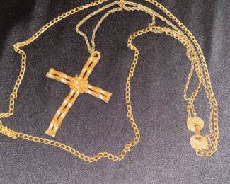 Gold Tone Bamboo-Style Cross Pendant Necklace