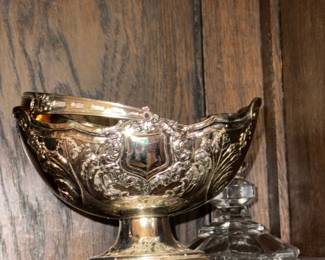 Ornate Silver Plated Footed Bowl with Embossed Floral and Scrollwork Decoration