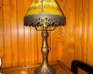 Vintage Reverse Painted Scenic Landscape Table Lamp