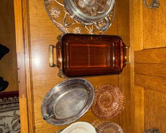 Assorted Vintage Glassware and Silver-Plated Serving Dishes including Pyrex and Fenton