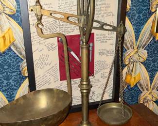 Vintage Brass Apothecary Scale with Framed Retirement Notes