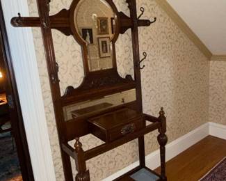 Victorian Walnut Hall Tree with Mirror, Drawer, and Umbrella Stands