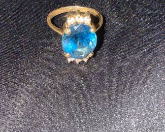 14k Yellow Gold Blue Topaz and Diamond Ring