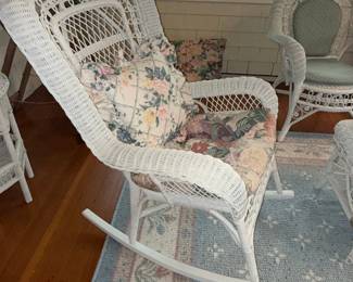 White Wicker Rocking Chair with Floral Cushions