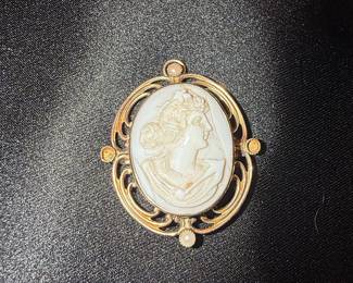 Victorian Carved Shell Cameo Brooch with Seed Pearls