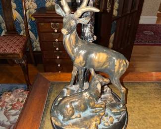 Vintage Bronze Deer Table Lamp with Hand-Painted Shade