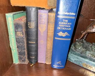 Collection of Vintage Books: Holy Bible (x2), American Heritage Dictionary (Second College Edition), The Pursuit of the House Boat, Advanced Lessons in Human Physiology, and Pottery & Porcelain