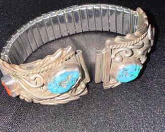 Native American Sterling Silver Turquoise and Coral Watch Bracelet