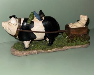 Folk Art Pig Pulling Cart Figurine with Birds and Piglet