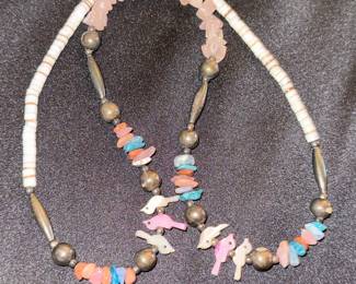 Zuni Style Heishi Necklace with Mother-of-Pearl Birds and Rose Quartz Chips