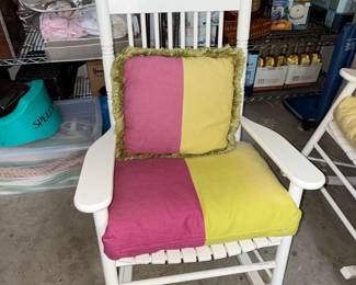 White Wooden Rocking Chair with Upholstered Seat and Back Cushion