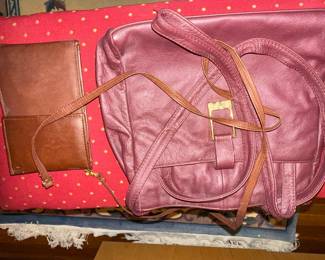 Vintage Plum Leather Shoulder Bag with Brown Leather Bi-fold Wallet