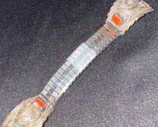 Native American Sterling Silver Turquoise and Coral Watch Bracelet