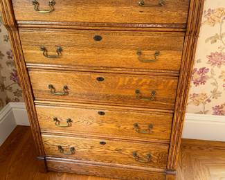 Antique Tiger Oak Eastlake Style Tall Chest of Drawers