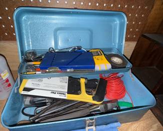 Vintage Blue Metal Toolbox with Assorted Electrical Tools