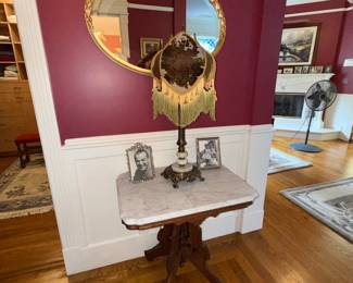 Victorian Marble Top Pedestal Table with Ornate Gilt Mirror