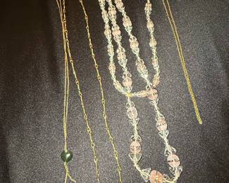 Assorted Necklaces: Beaded Crystal and Rose Quartz, Gold-Tone with Jade Hearts