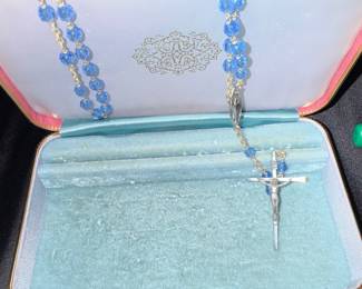 Blue Crystal Bead Rosary with Crucifix in Presentation Box
