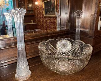 American Brilliant Cut Glass Punch Bowl and Vase Set