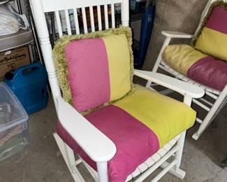 White Wooden Rocking Chair with Upholstered Seat and Back Cushion