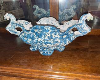 Italian Majolica Ceramic Fruit Bowl with Dragon Handles