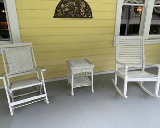 White Wicker Rocking Chair and Side Table Set