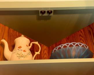 Vintage Ceramic Teapot with Floral Design and Blue Lattice Bowl