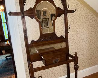 Victorian Walnut Hall Tree with Mirror, Drawer, and Umbrella Stands